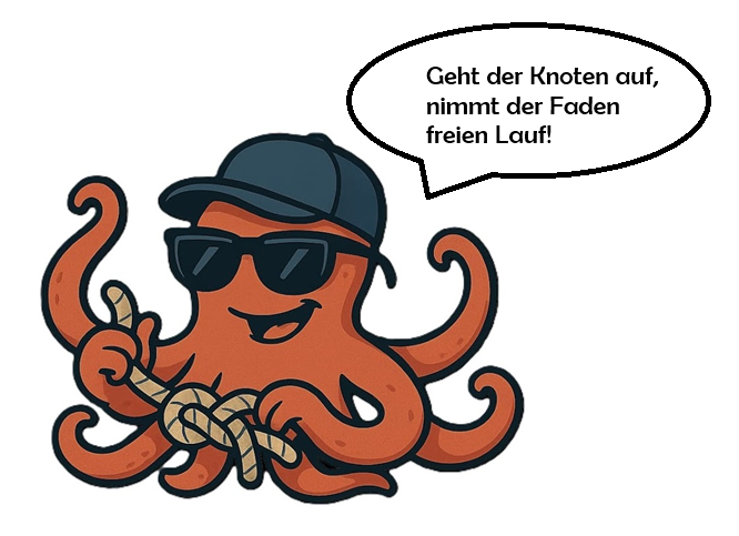 Knotty von knoten-knuepfen.de sagt - Geht der Knoten auf, nimmt der Faden freien Lauf!